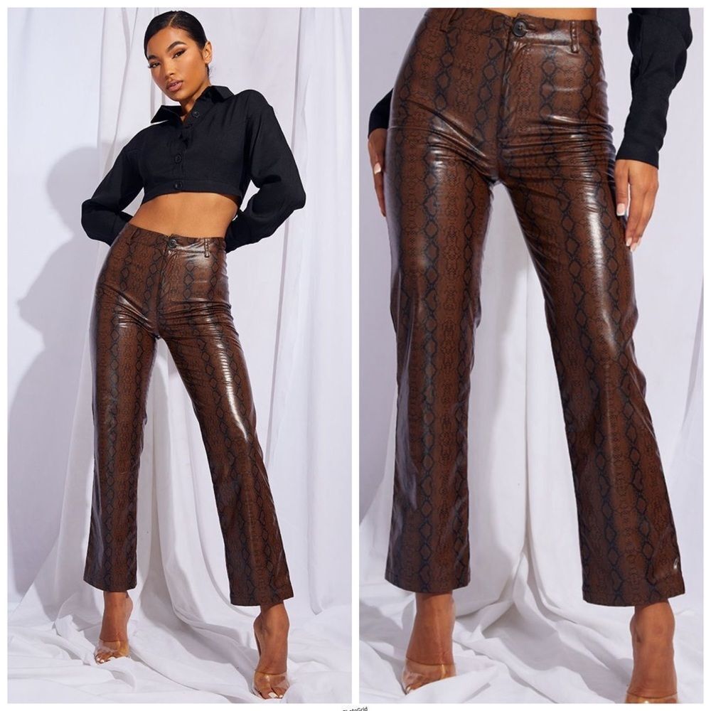 PRETTYLITTLETHING Faux Leather Snake Print Cropped Brown Straight Leg Trousers